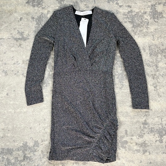 IRO Noize Ruffled Wrap Effect Metallic Silver Black Rib Knit Mini Party Dress 34 - Picture 5 of 14